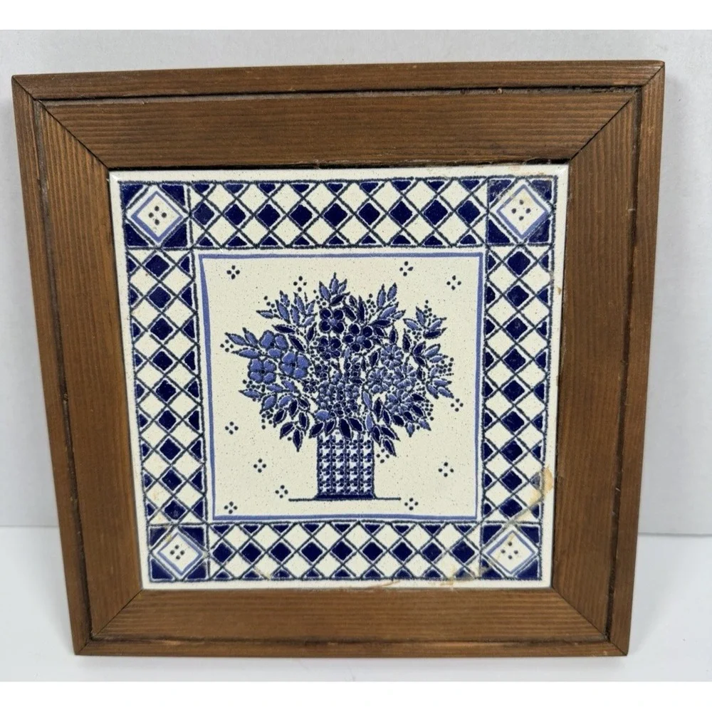 Ceramic Tile Trivet Kitchen Plaque Wood Frame 8.5